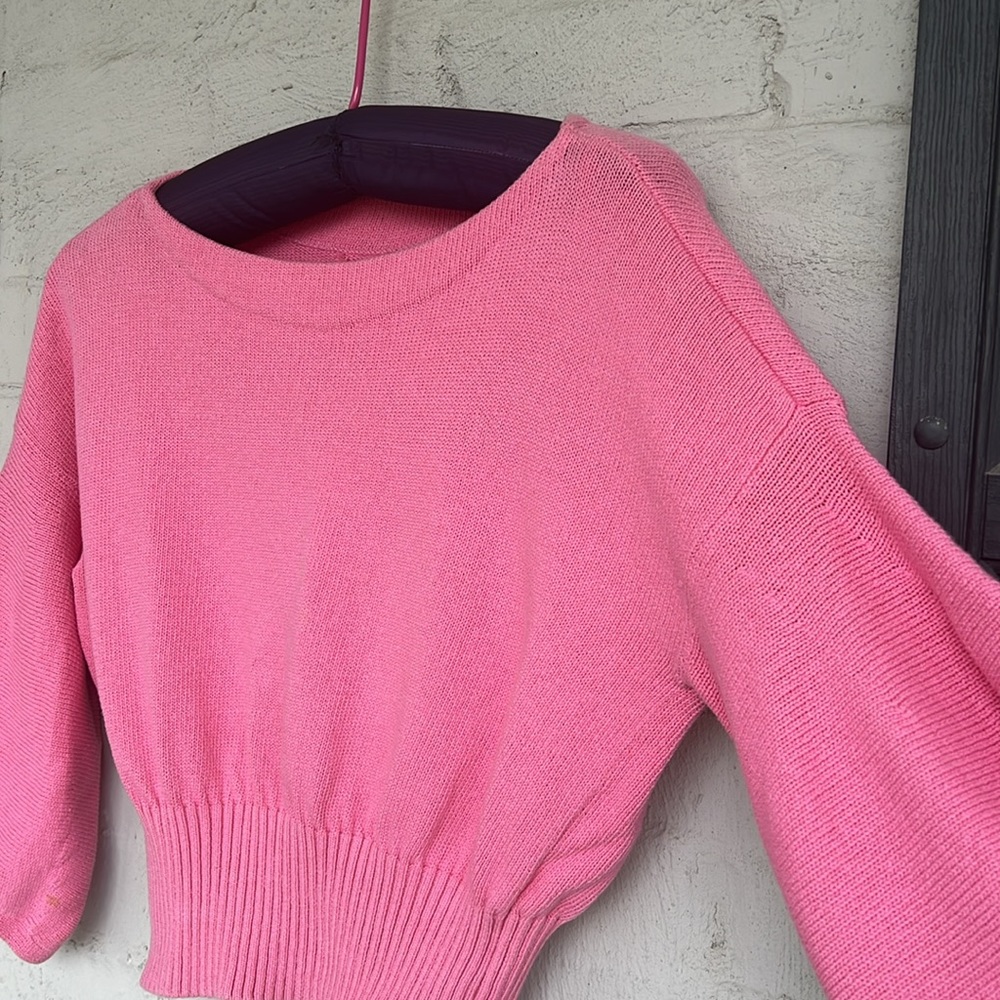 Anthropologie Knitted & Knotted Pink Cropped Balloon Sleeve Sweater Size Large - Picture 6 of 15